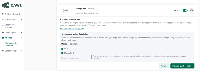 Etape 3 - Google Pay - Actif - guide de démarrage