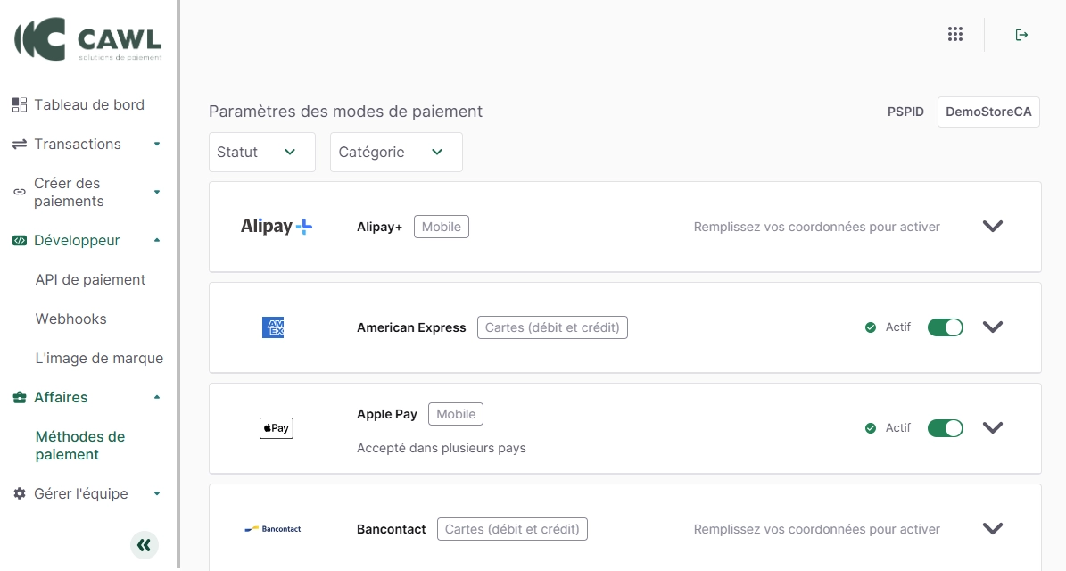 Bloc portail commerçant CAWL - configuration simplifiée