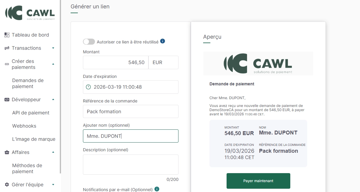 Ecran paiement par lien - portail commerçant CAWL