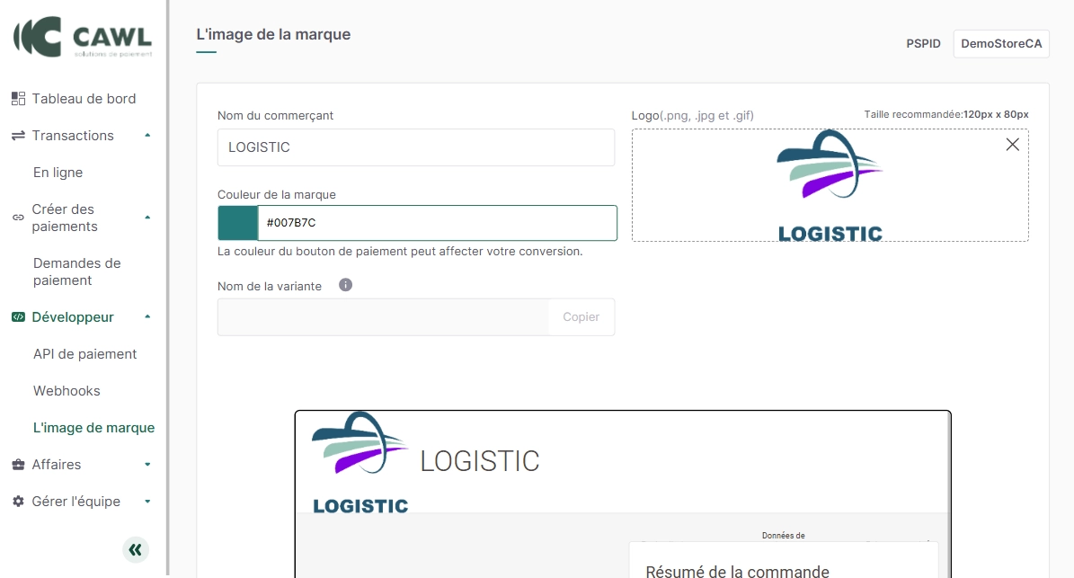 Portail commerçant CAWL - personnalisation